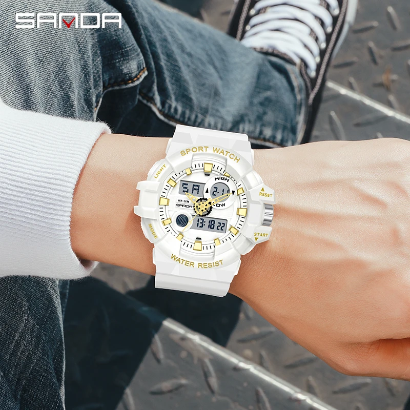 SANDA G Style Blanc Sport Hommes de Montres Top Marque De Luxe Militaire Quartz Montre Hommes Étanche LED Numérique Montres