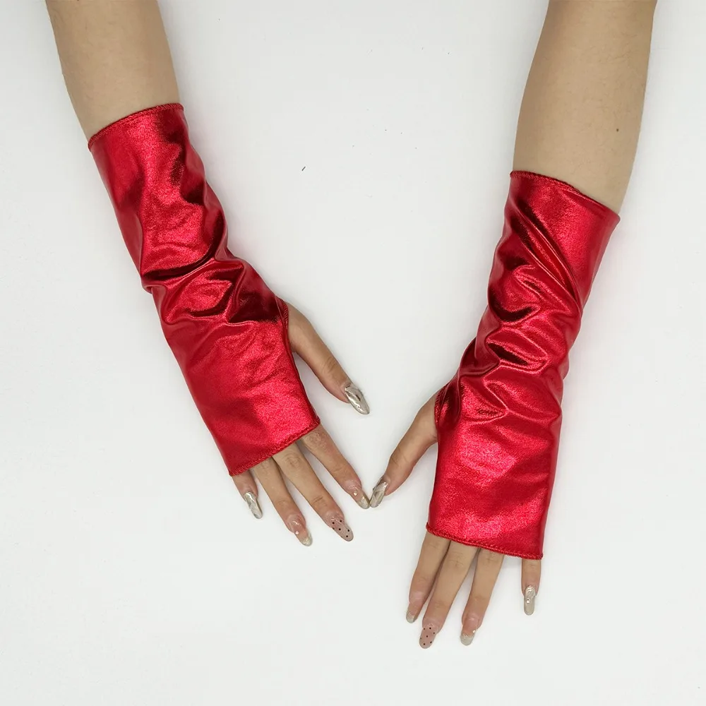 1 Pair Glossy Finish Fingerless Gloves Imitation Leather Punk Style Performance Gloves Sleeve Set PU Leather Gloves Punk Cosplay