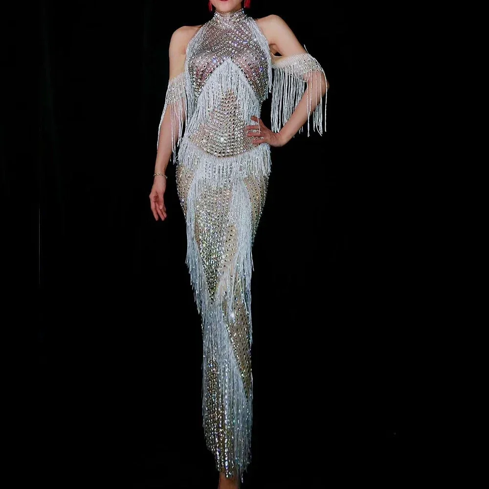 

Shining Silver Tassel Long Bodycon Dress Rhinestone Women Evening Party Birthday 2022 Outfit Club Performance Stage Show Wear