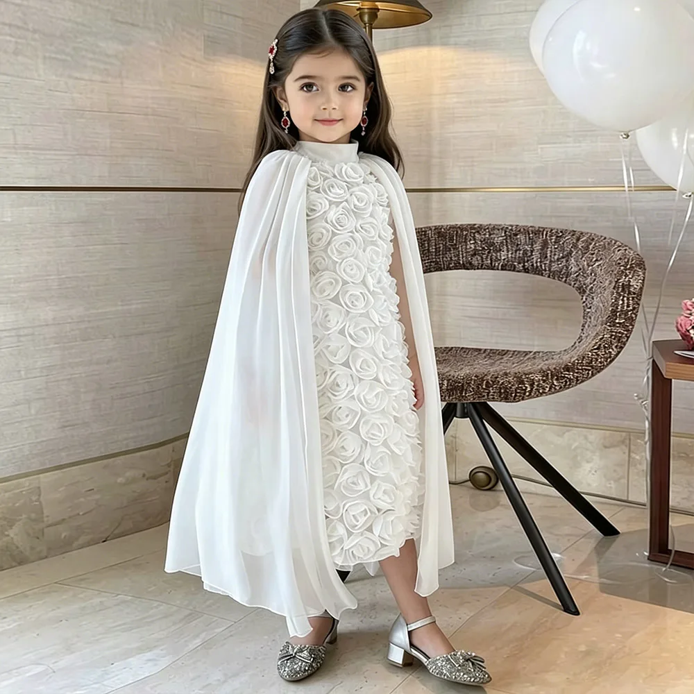

3D Flower Girl Dresses Puffy Ivory Dress For Girls Elegant Birthday Dress Long Girl Princess Dress With Cloak Cute Kids' Dresses