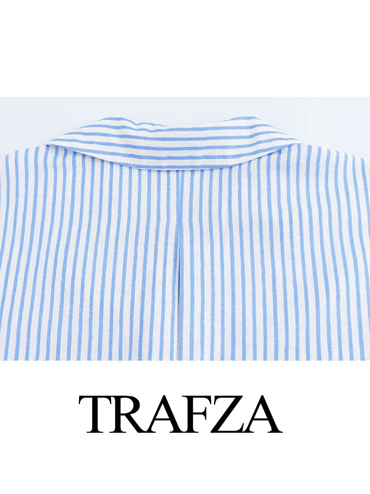 Trafza Sommer für Frauen Mode Langarm Revers Shirt Top Frau blauen Streifen Einreiher dekorieren Vintage Bluse Mujer