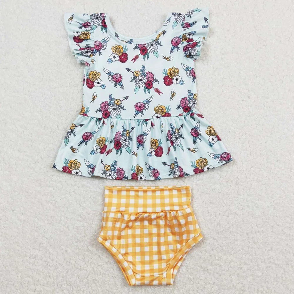 

Wholesale Girls Clothes Floral Print Tunic Orange Plaid Shorts Two Piece Bloomers Set