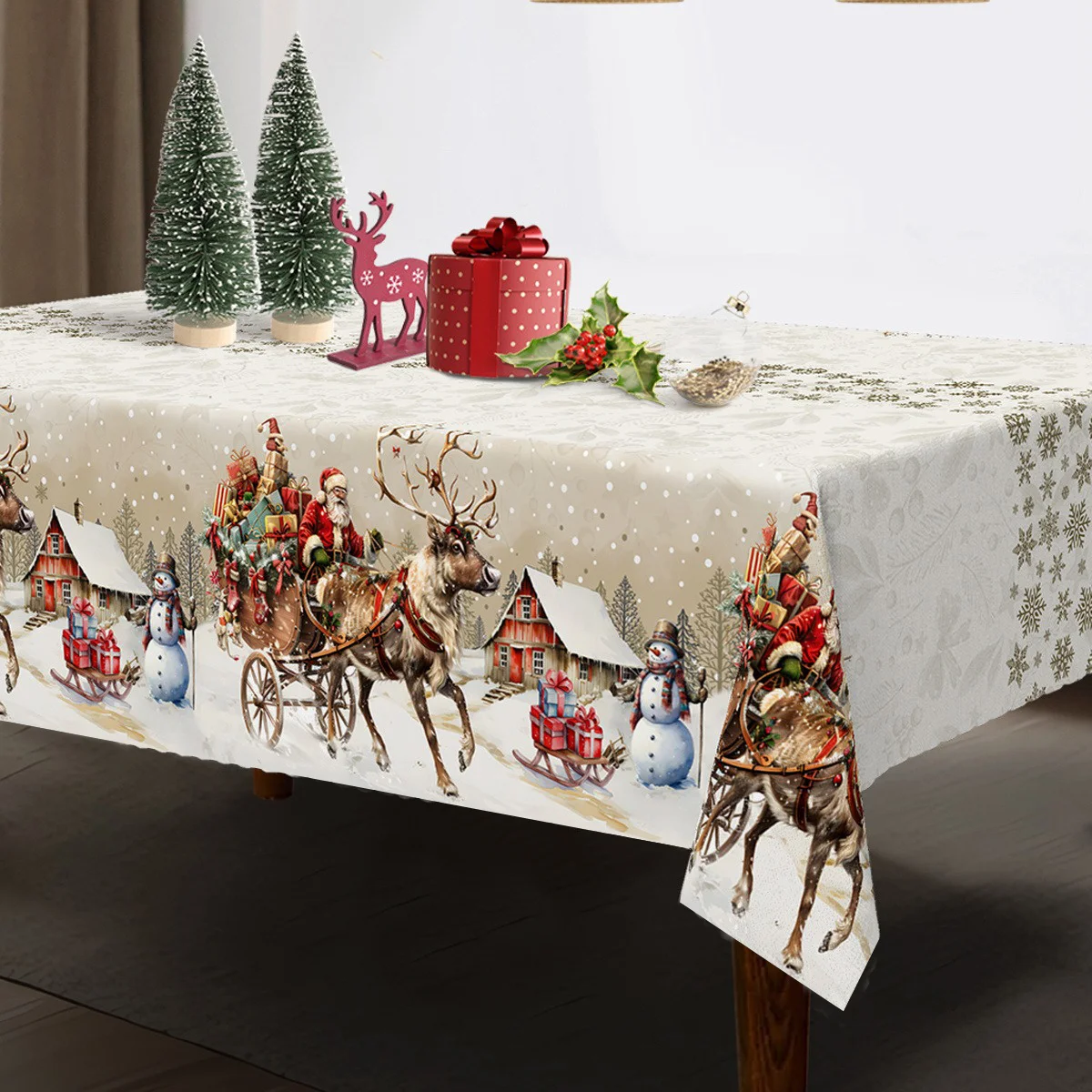 1PC Farmhouse Style Christmas Tablecloth, featuring the design of a moose pulling Santa Claus and presents.zyc