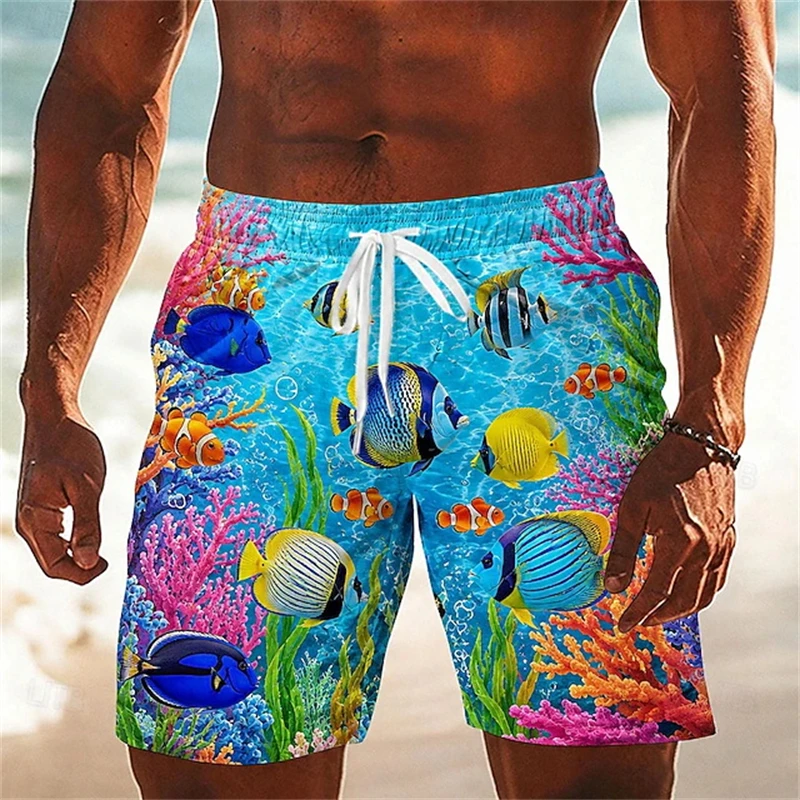 Ocean Coral Tropical Fish Graphic Print Quick Dry Man Swim Shorts Elastic Drawstring Waist Men Summer Hawaii Beach Surf Shorts