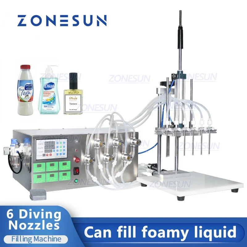 ZONESUN Electric 6 Injectable Nozzles Essential Cooking Oil Cosmetics Drink Magnetic Pump Liquid Filling Machine