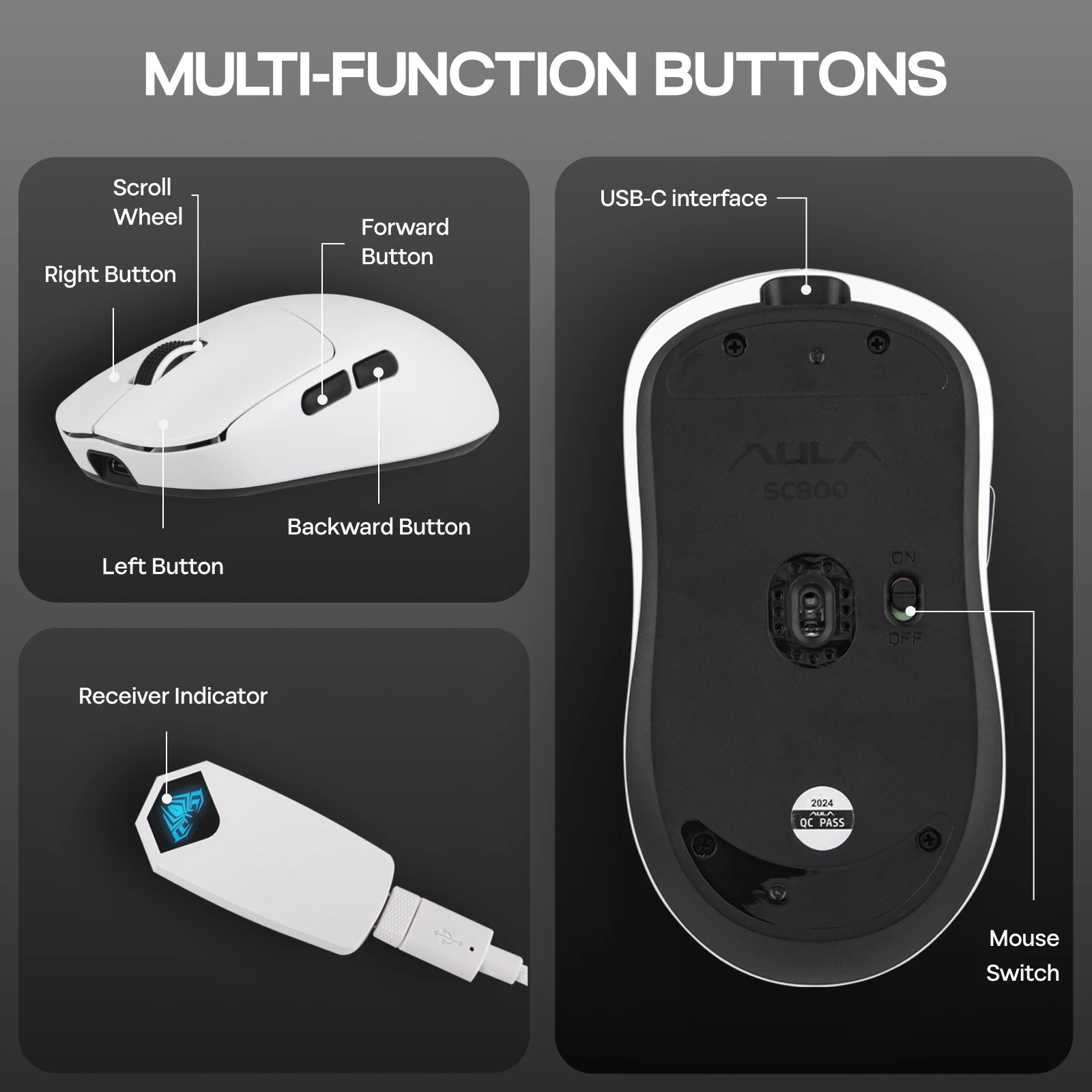 EPOMAKER AULA SC800 Kabelgebundene/BT/2,4 GHz kabellose, leichte Gaming-Maus mit optischem PAW3395-Sensor, 26.000 DPI, 250 mAh Akku