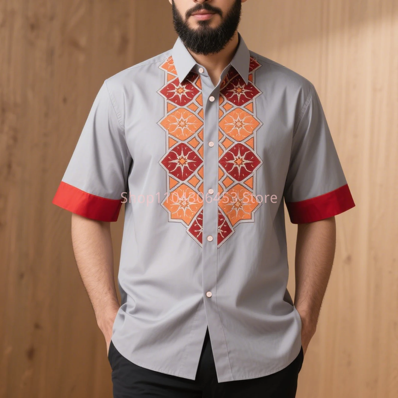 New Men Simple Retro Fashion Ethnic Pattern Printed Short-sleeved Lapel Shirt Light Breathable Light Color Business Casual Party