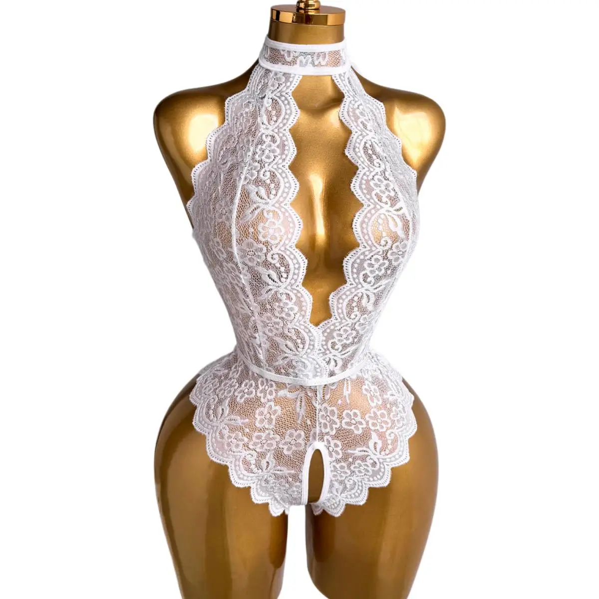White Halter Neck Floral Lace Teddies Lingerie Women Deep V Sheer Open Crotch Bodysuit Backless Intimate Nightwear For Valentine