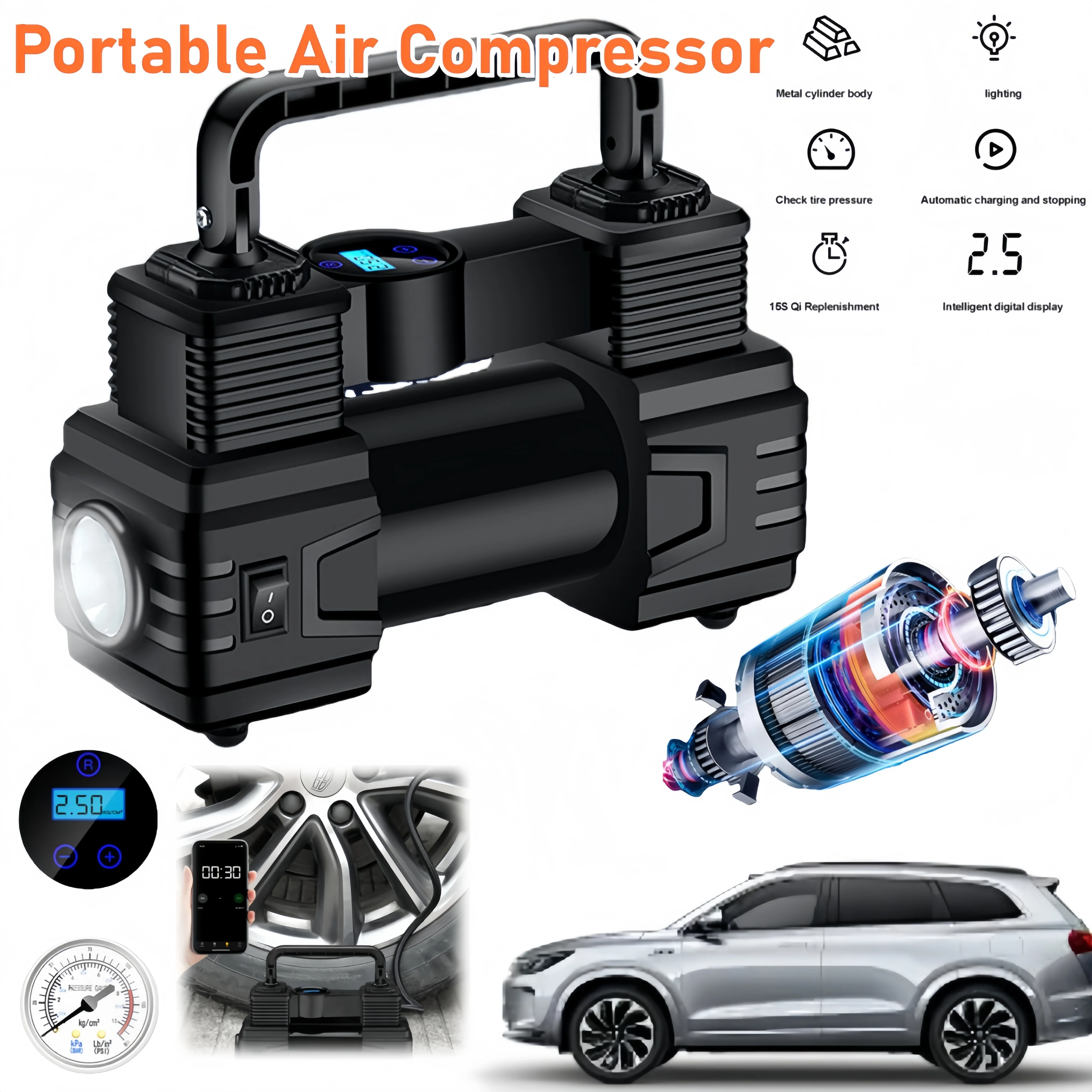 

Car Tire Pump Auto Air Compressor Digital Display 150 PSI 12V Electric Car Tire Inflator with LED Light Vacuum Tire Pump for All