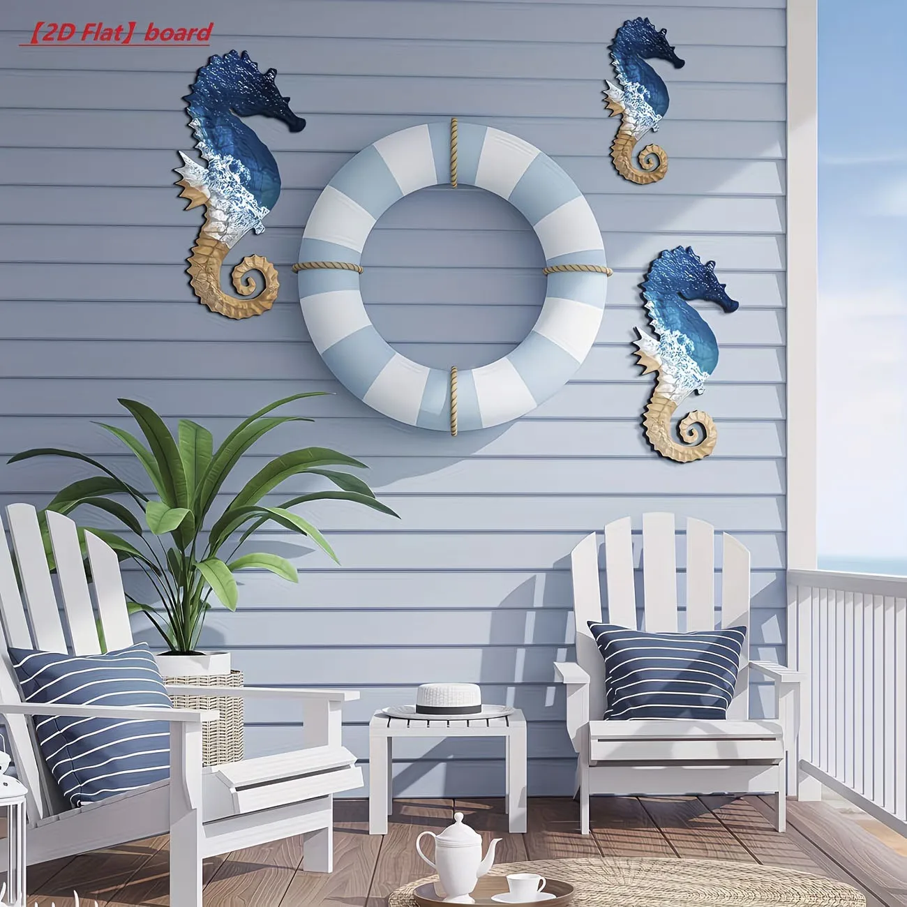 3Pcs Ocean Wave Seahorse Wooden Wall Decor Set, Coastal Nautical Seahorse Wall Art