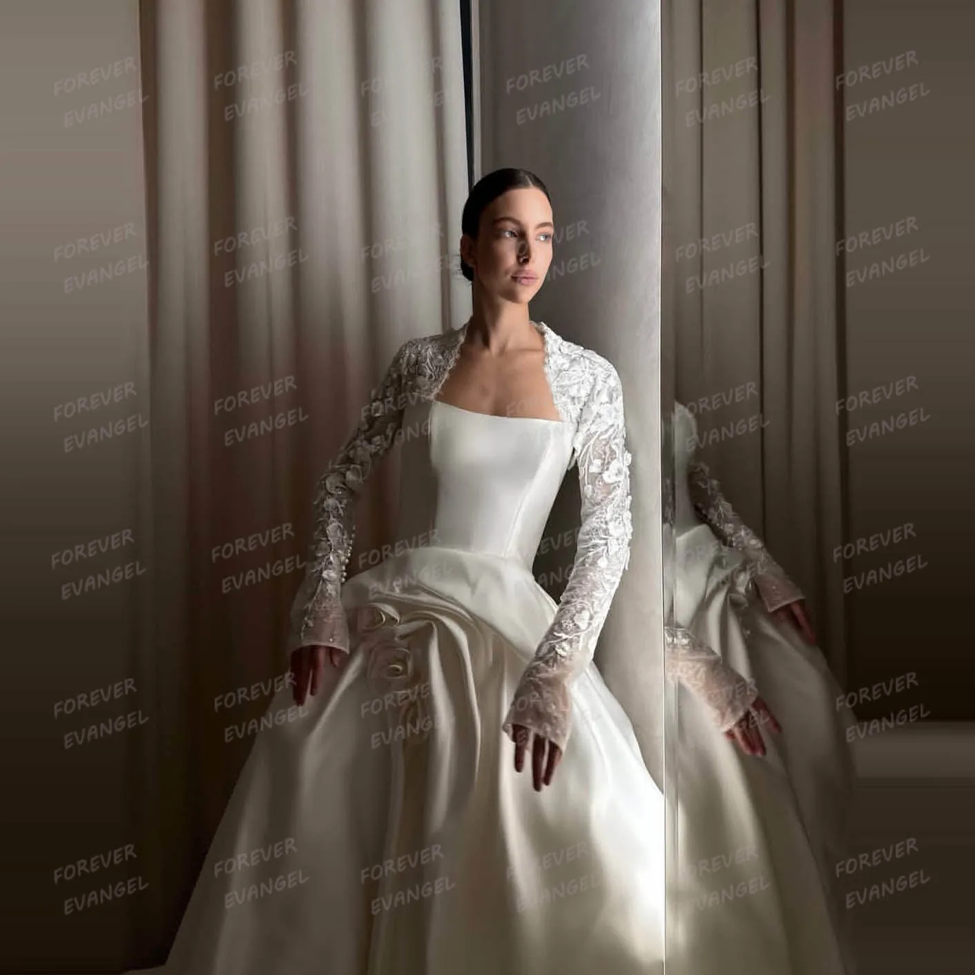 ชุดแต่งงานแบบเรียบง่ายสำหรับผู้หญิง ทรงเอไลน์ ชุดเจ้าสาวเซ็กซี่ ผ้าลูกไม้ แขนยาว ผ้าซาติน แต่งระบายหรูหรา สามารถสั่งตัดได้