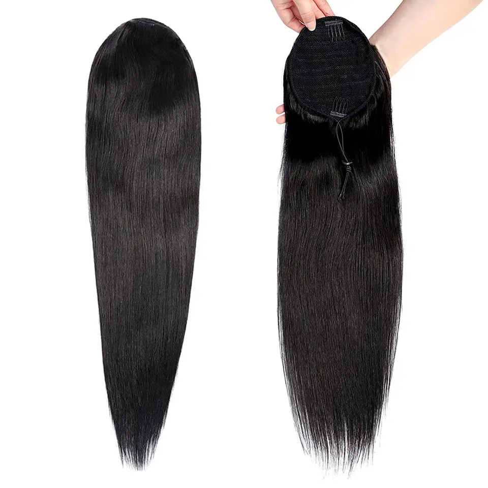 Cola de caballo Body Wave de cabello humano con cordón, rizos de agua, extensiones de cabello humano Remy, cola de caballo, negro natural 2