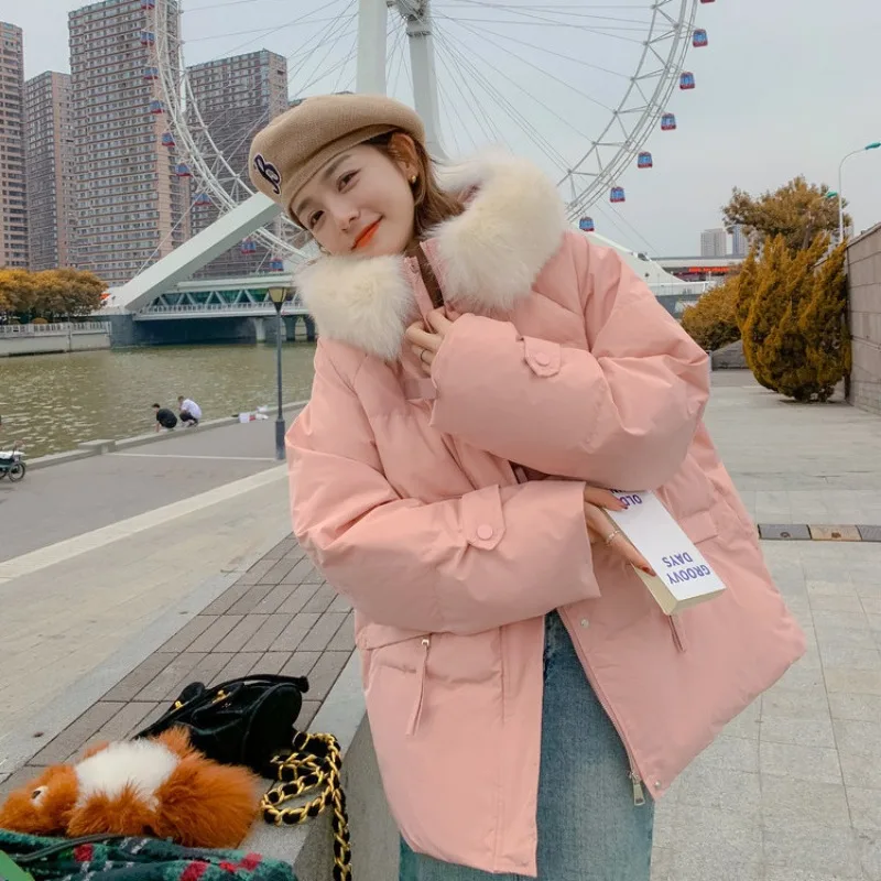 2023 New Women Down Cotton Coat Winter Jacket Female Big Fur Collar Short-Length Parkas Pink Thicken Outwear Hooded Overcoat