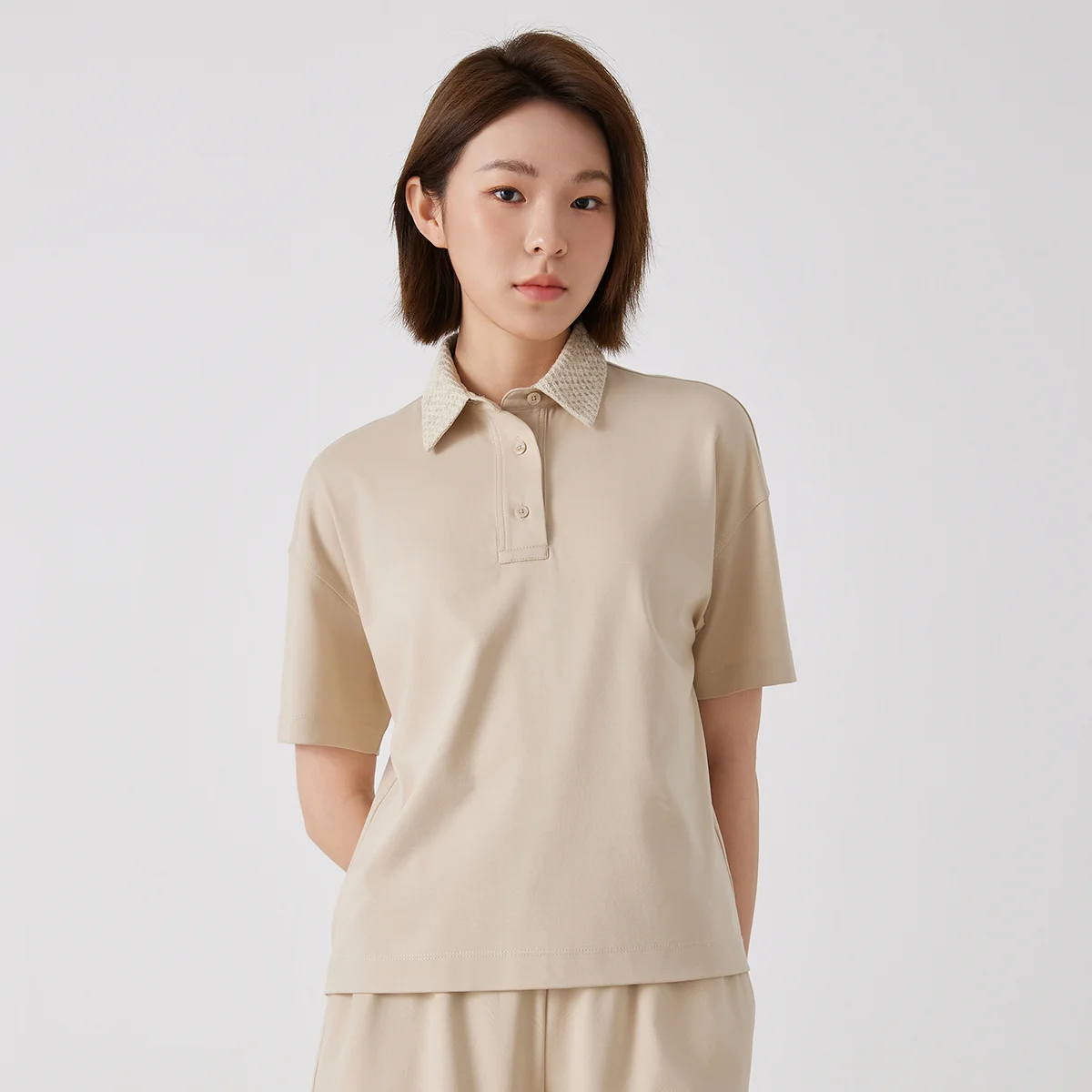 Pop KL3158L Women's Polo Collar Light Luxury Mixed Cotton Pullover T-Shirt Comfortable Breathable Casual Fashion Top For Ladies