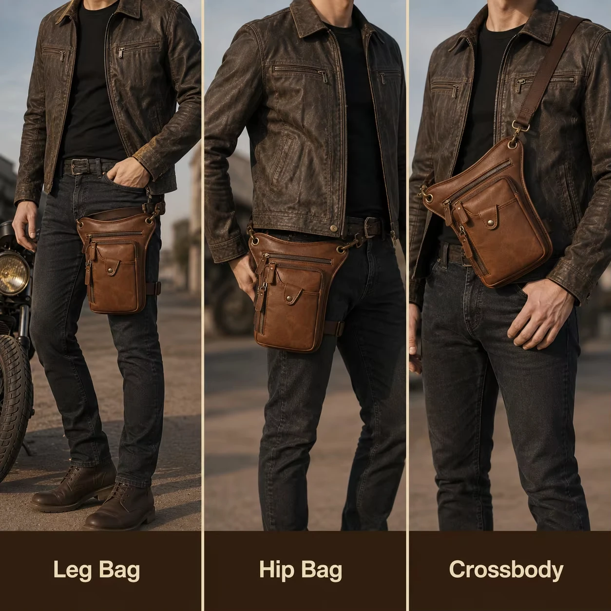 Men's Motorcycle Thigh Bag Vintage PU Leather Drop Leg Waist Pack Multi Pocket Hip Pouch for Biker Riding Cycling Outdoor Travel