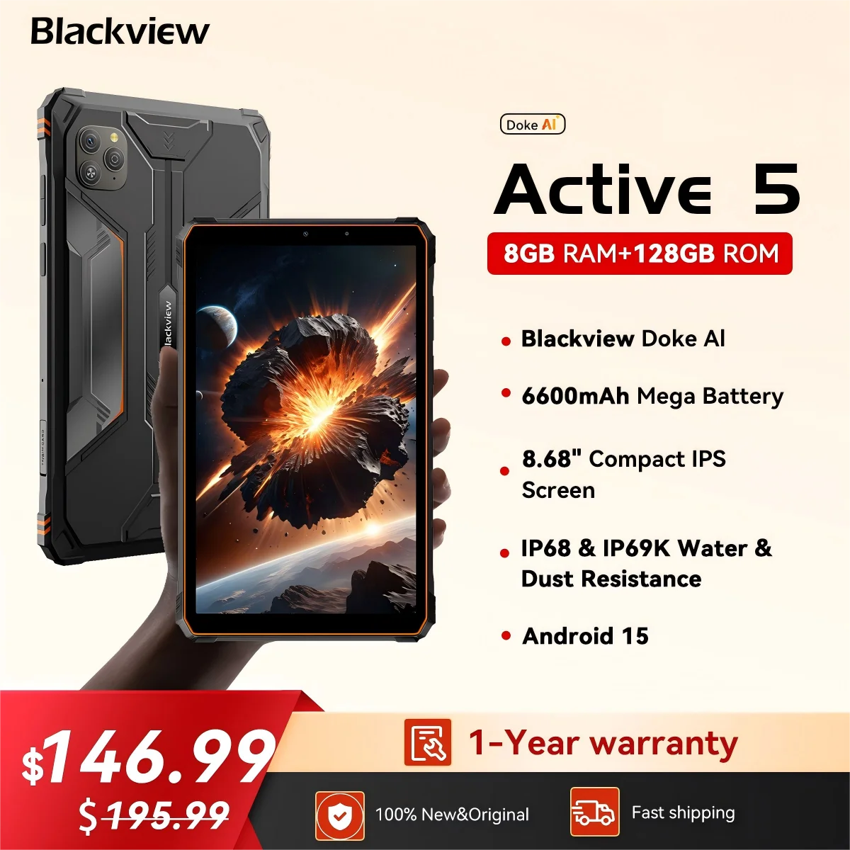 

Прочный планшет Blackview Active 5 AI, водонепроницаемый планшет 8,68 дюйма HD + 90 Гц Android 15, 8 ГБ + 128 ГБ, 16 МП + 13 МП, аккумулятор 6600 мАч, IP68/NFC/GPS