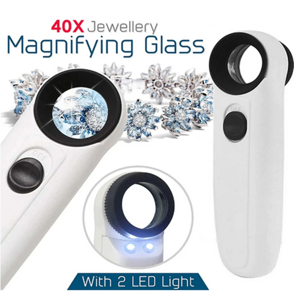 40x Jeweler Eye Magnifying Magnifier Jewelry Loupe Loop With 2 LED and ON/OFF Switch Acrylic optical lens+ABS Magnifying