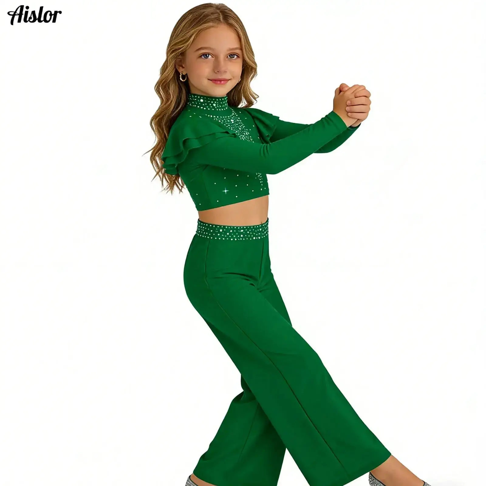 

Kids Girls Lyrical Dance Two-Piece Set Long-Sleeved Rhinestones Crop Top+Flowing Flared Pants Modern Dance Clothes Costume