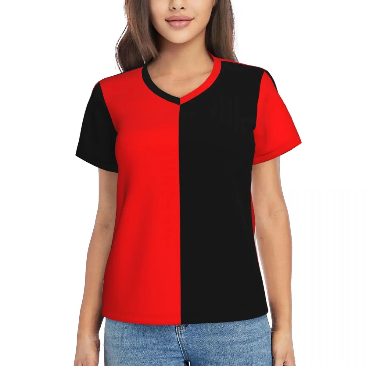 Two Tone T Shirts Red and Black V Neck Streetwear Oversize T-Shirt Short Sleeve Women Y2K Cool Tshirt Summer Design Clothing