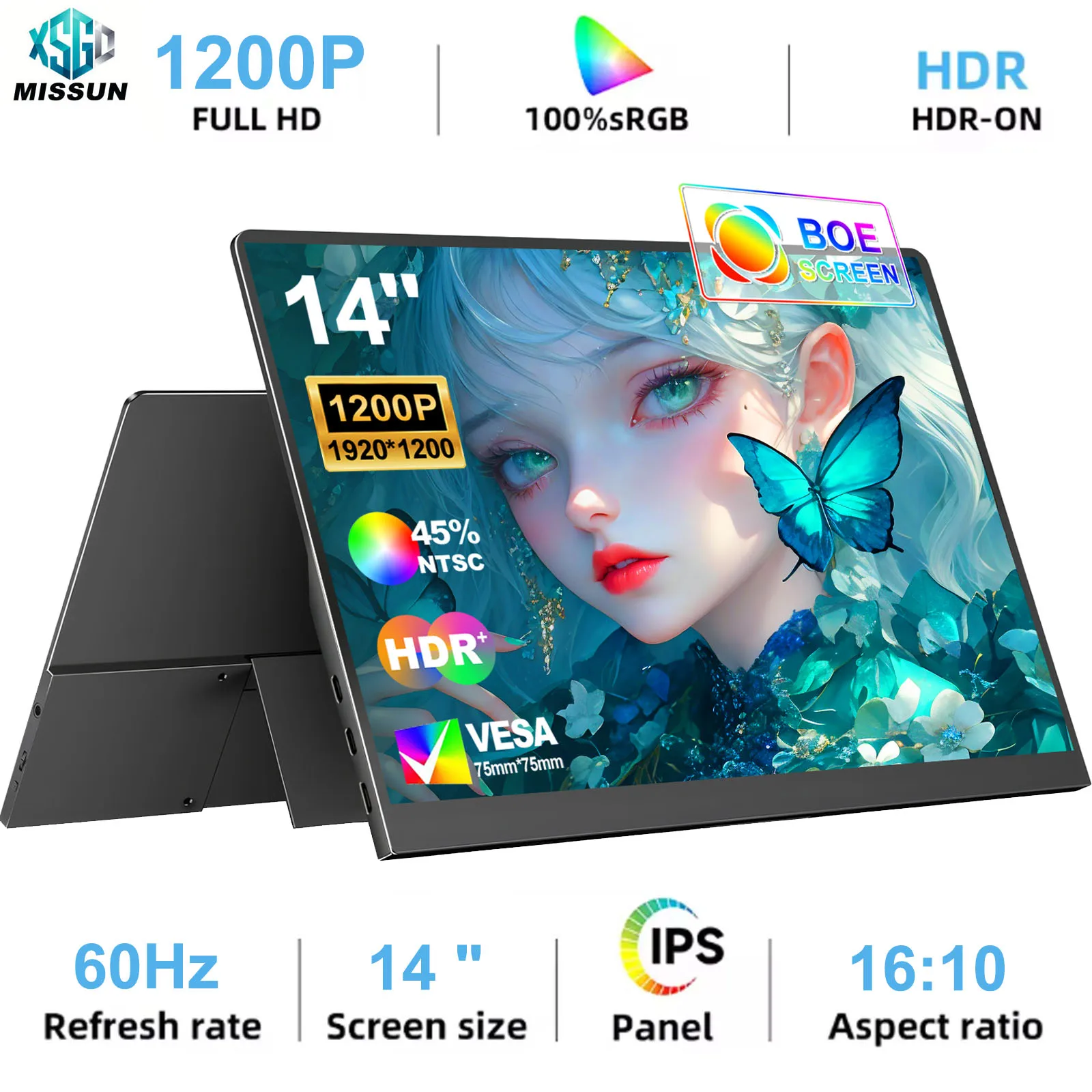 1920*1200 14-inch Portable MonitorTouch Nontouch Display 60HZ For Laptop XBox PS4/5 Switch TV Box Cell Phone PC Extension Mobile