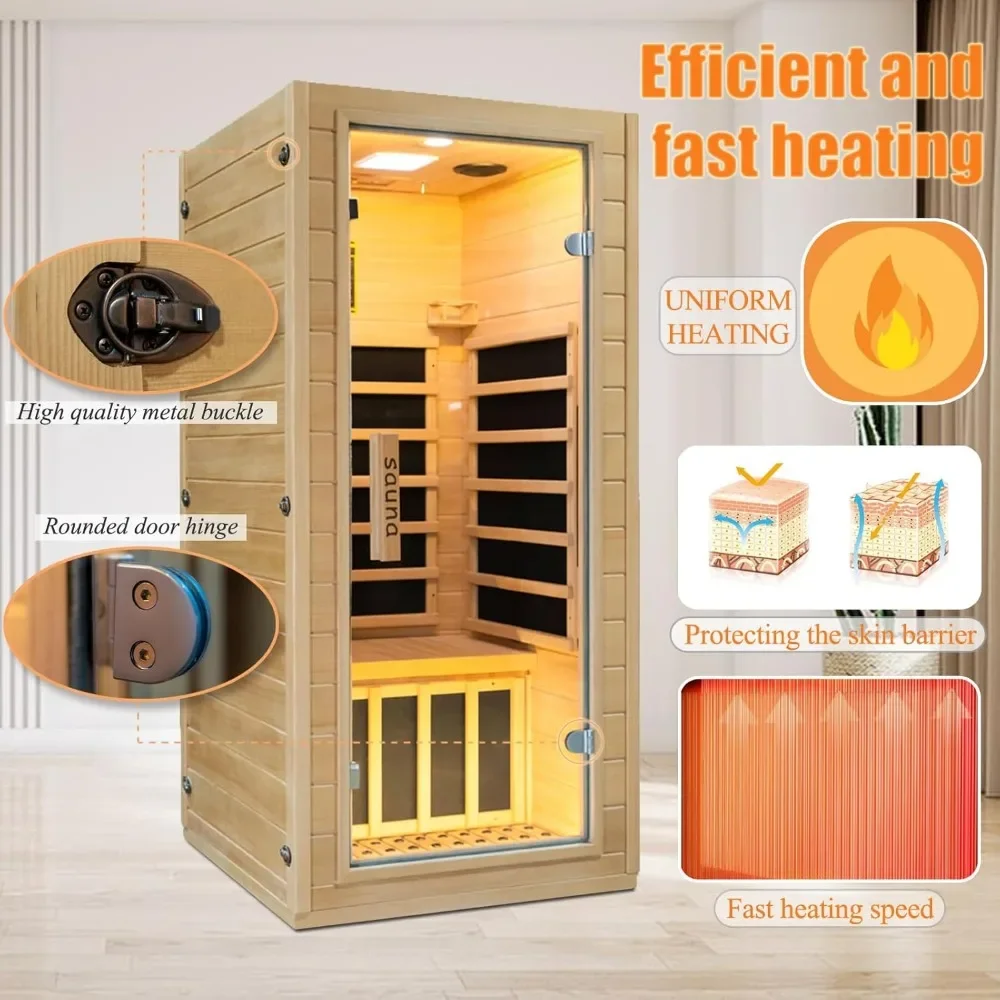 Sala de Sauna Sauna seca interior de madera Hemlock para 1 persona, paneles calefactores de baja EMF 1200W/110V, panel de control LCD, precalentamiento de 10 minutos