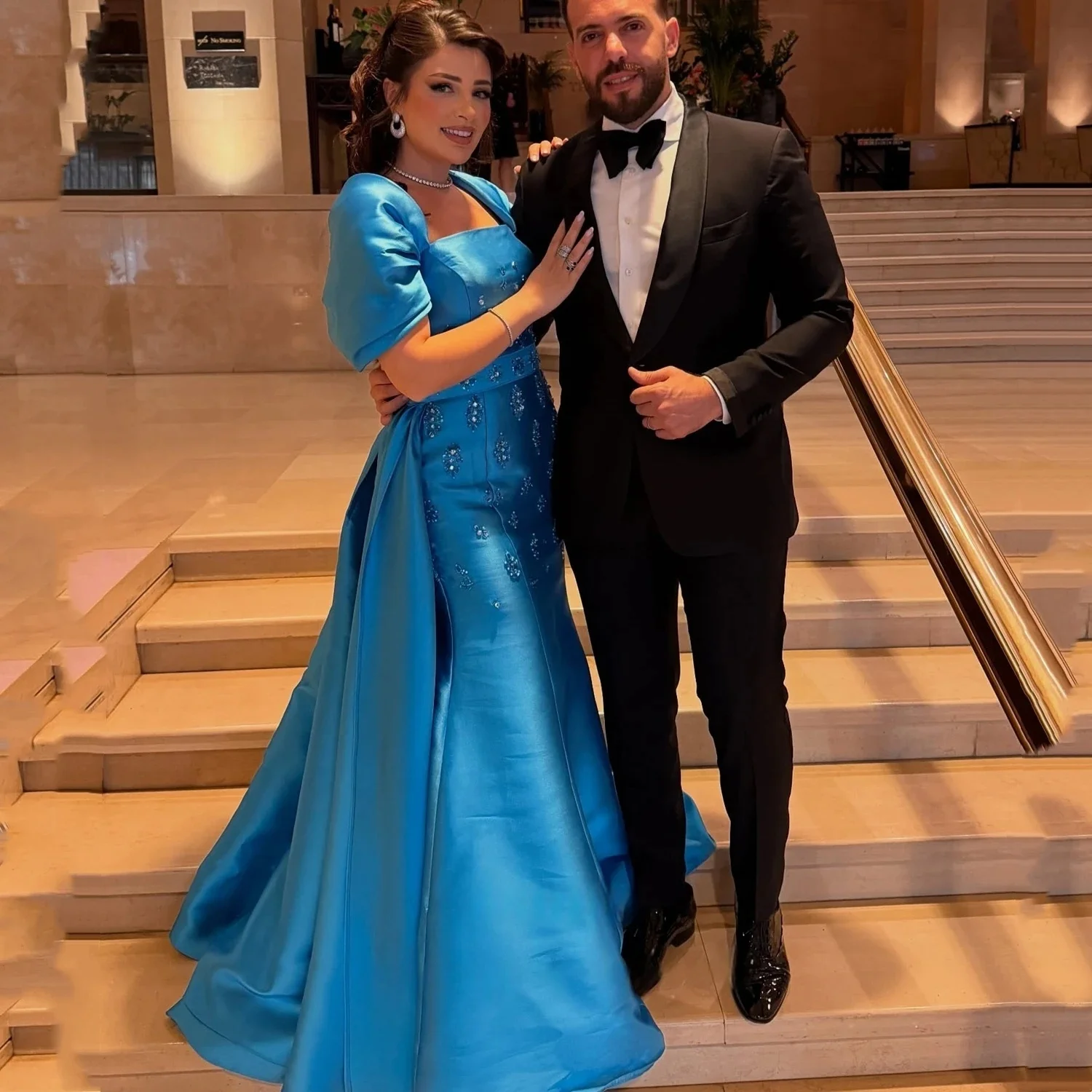 

Blue Beaded Formal Long Bespoke Occasion Gown Evening Dresses Prom Pastrol Unisex Jersey Retro Dubai Saudi Arabic Customized