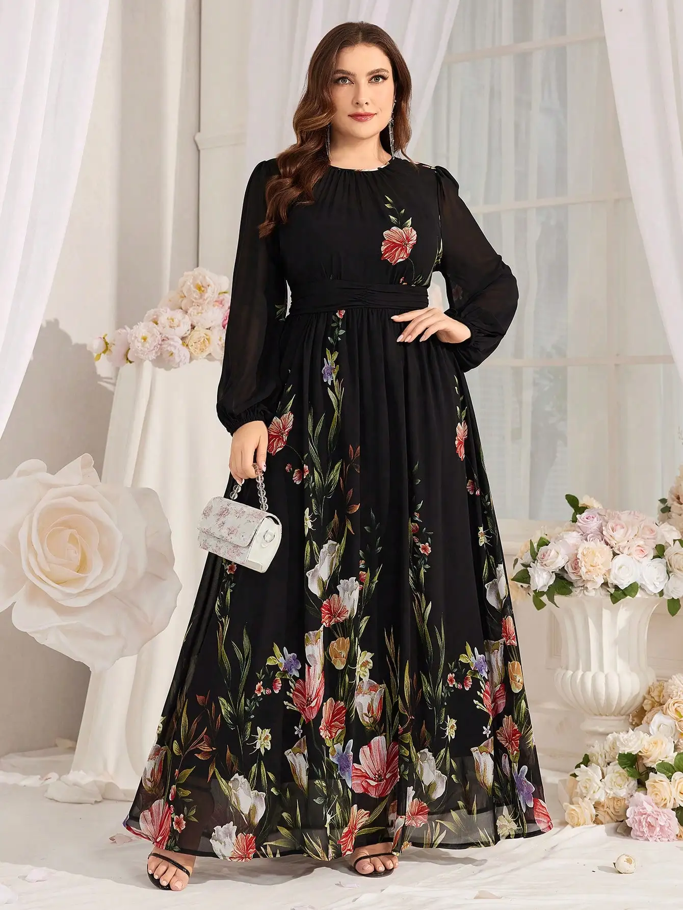 

Черное цветочное платье макси больших размеров с рукавами-фонариками для женщин
