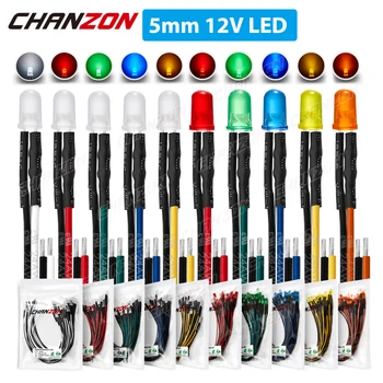 미리 배선된 LED 키트, 발광 다이오드, 확산 F5 마이크로 화이트, 레드, 그린, 블루, 옐로우, 오렌지, 미리 배선된 케이블 램프 전구 세트, 5mm, 12V