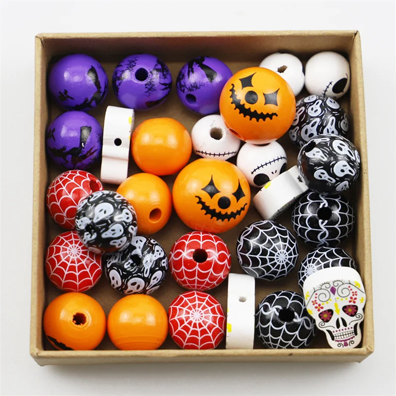 10pcs Halloween Pumpkin Bead Wooden Skull Spider Web Witch Round Loose Beads DIY Crafts Decoration Halloween Party Supplies Gift