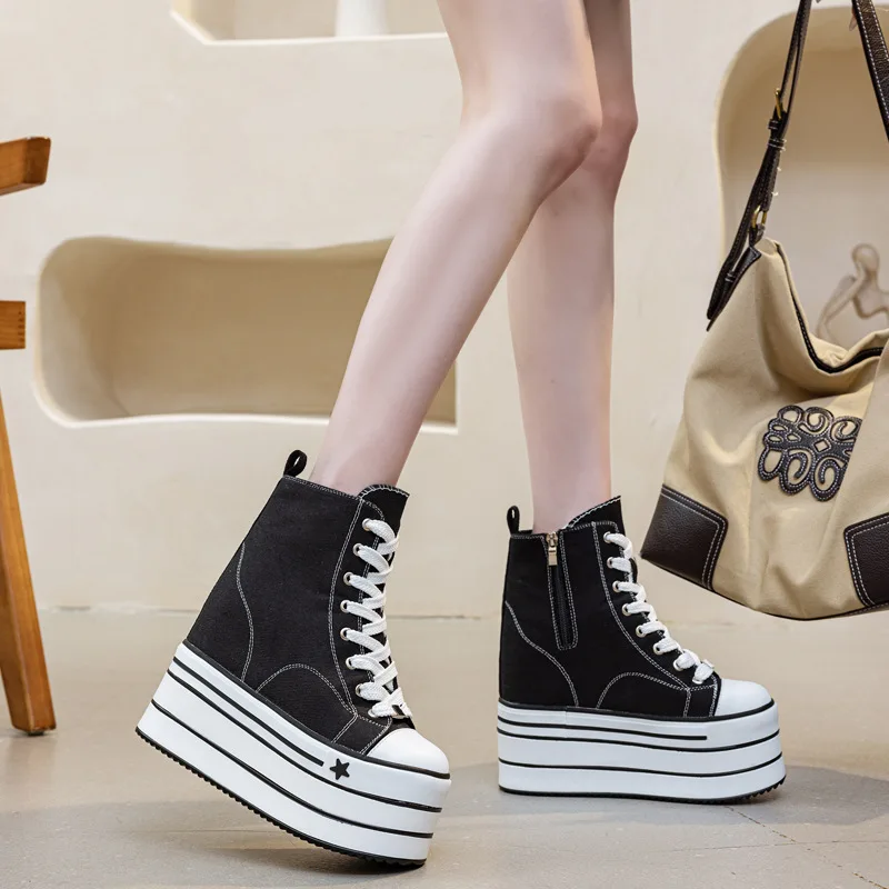 Custom 16cm High Heel Platform Women Casual Canvas Shoes Fashion Autumn Slip On Loafers view 2