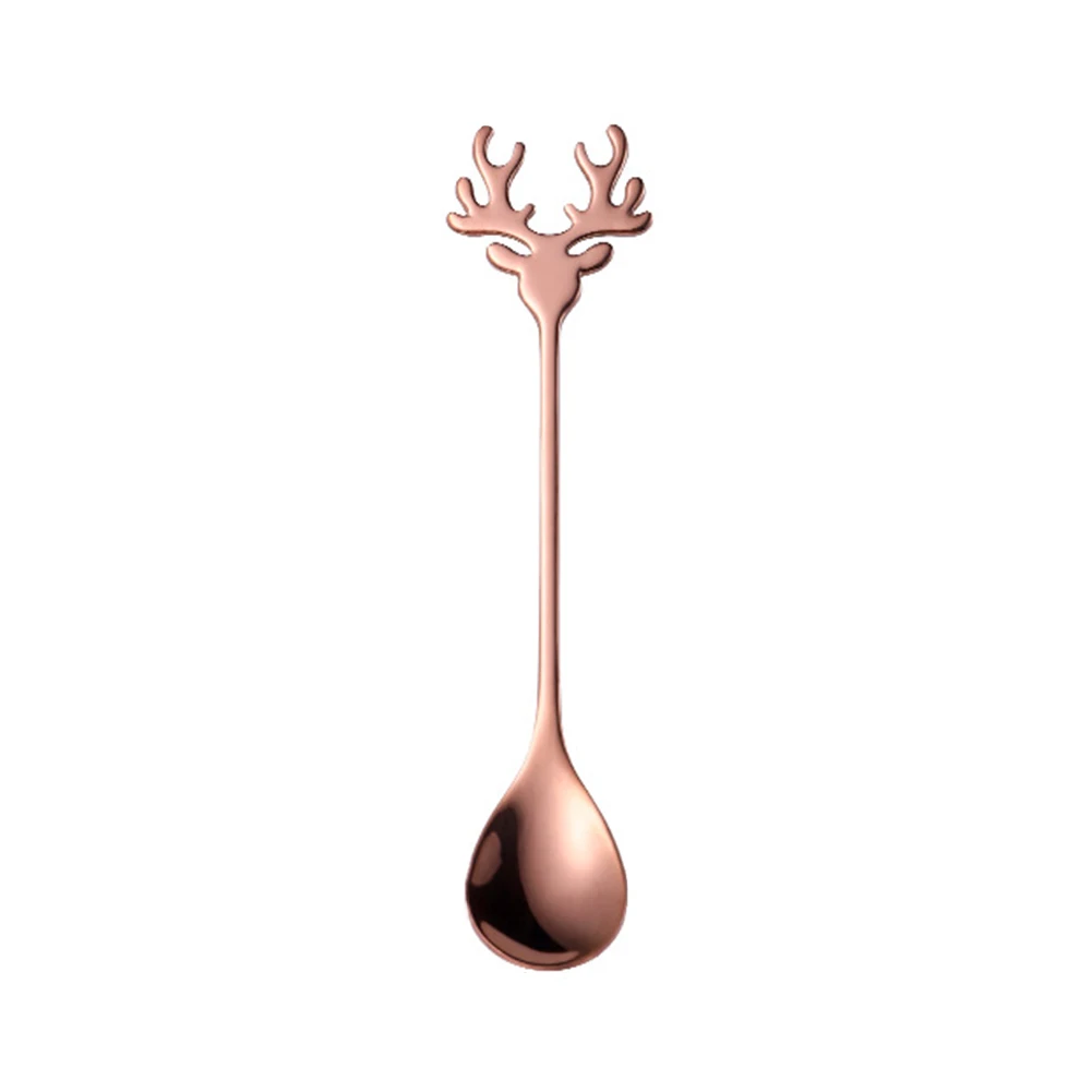 Sendok kopi Stainless Steel 14*2.4CM, sendok kopi kepala rusa, emas mawar, 1 buah sendok kopi kualitas tinggi