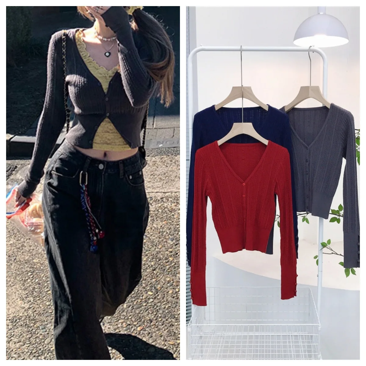 7860 Frühjahr Neue Pure Desire Sexy Einfarbig V-ausschnitt Jacquard Hohl Hohe Taille Kurze Strickjacke Jacke