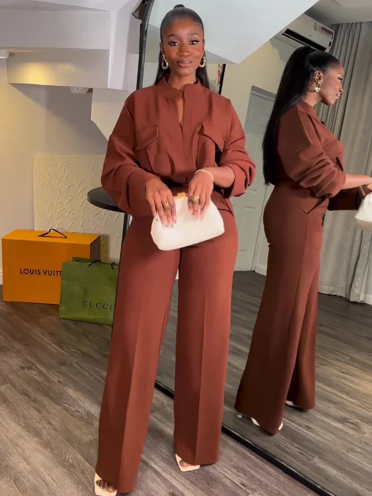 

Leosoxs Two Piece Pant Sets Casual Outfits Women Long Sleeve Pockets Shirt Top + Wide Leg Pants Suit OL Office Lady Clothes 2024