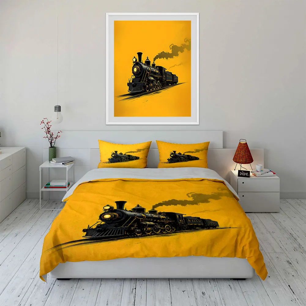 Black steam train yellow background Print Soft Comfortable Duvet Cover Bedding Set Included 1*Duvet Cover  2*Pillowcases