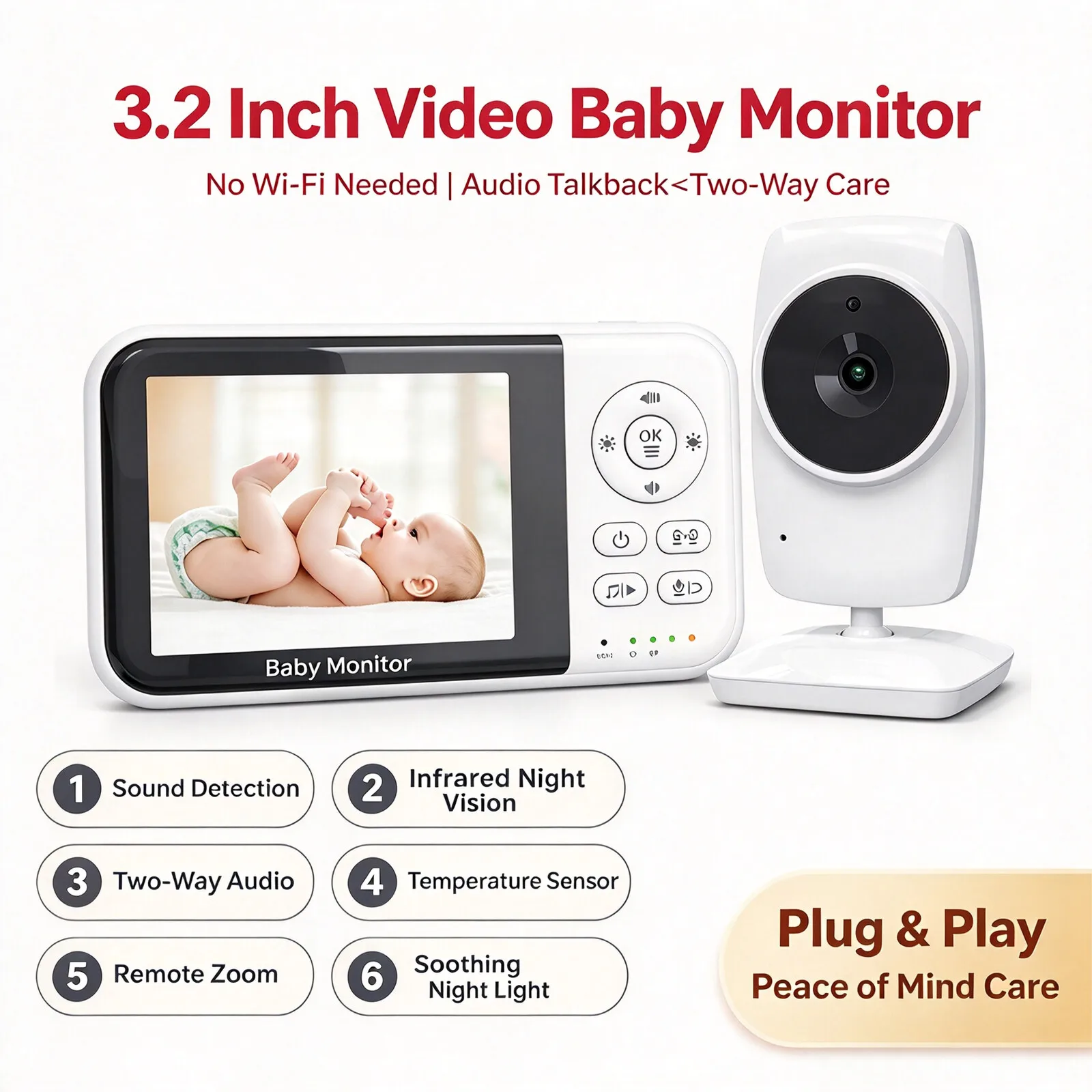 3.5 Inch IPS Video Baby Monitor No WiFi 2 Way Talk VOX Cry Alarm Temperature Lullaby Feeding Reminder Baby Camera Monitor