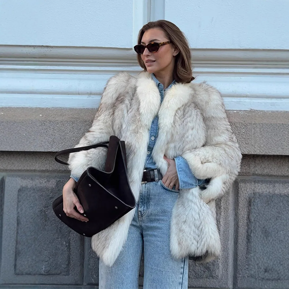 

KIDCRKJ Winter Women's Faux Fur Jacket Round Neck Open Stitch Gradient Female Artificial Fur Coat Stylish Lady Fox Fur Cardigan