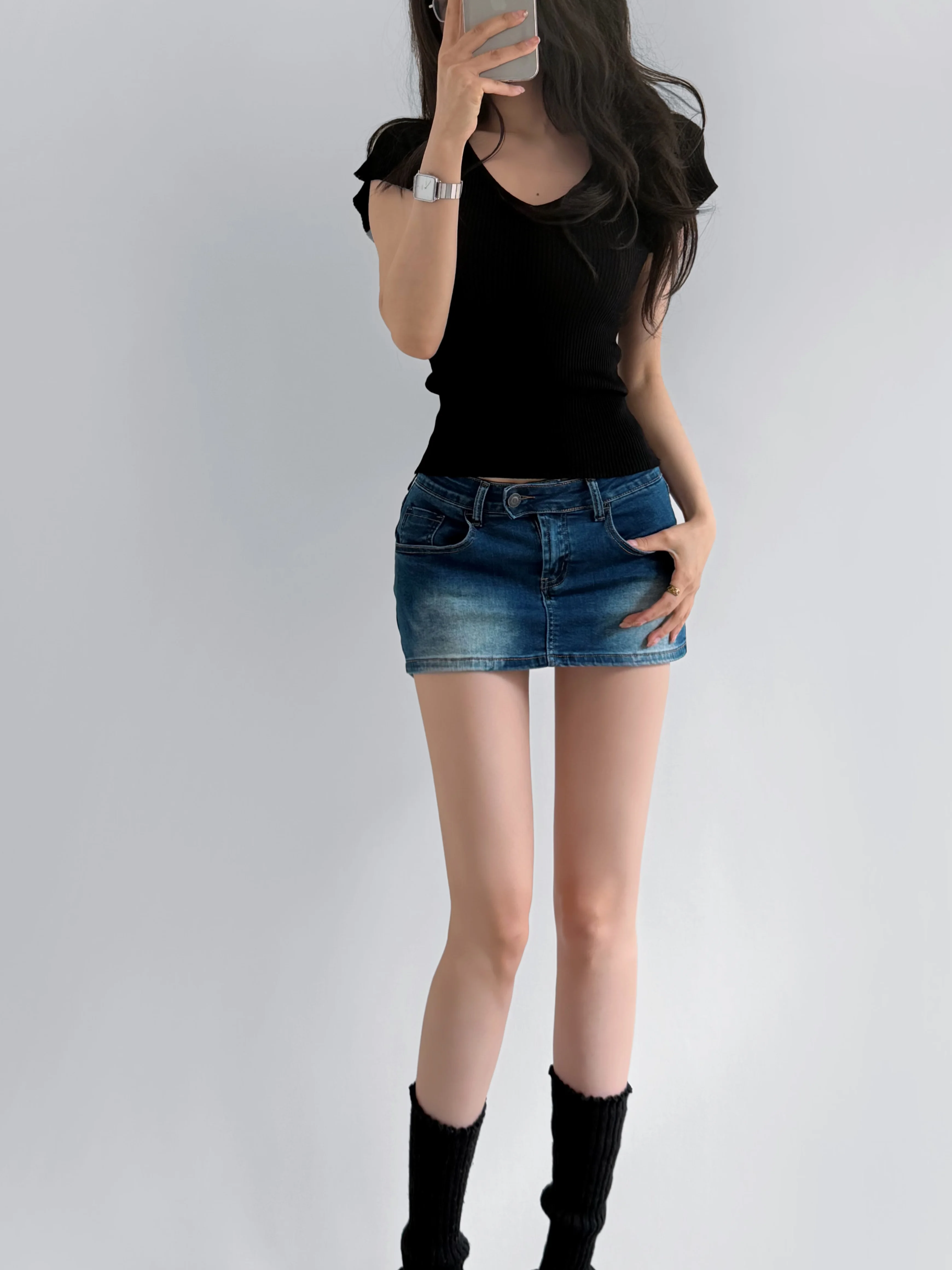 Low-Waist Denim  Skirt Women's Vintage American Style Pouch Bodycon Inner Wear Anti-Light Pants Short Skirt