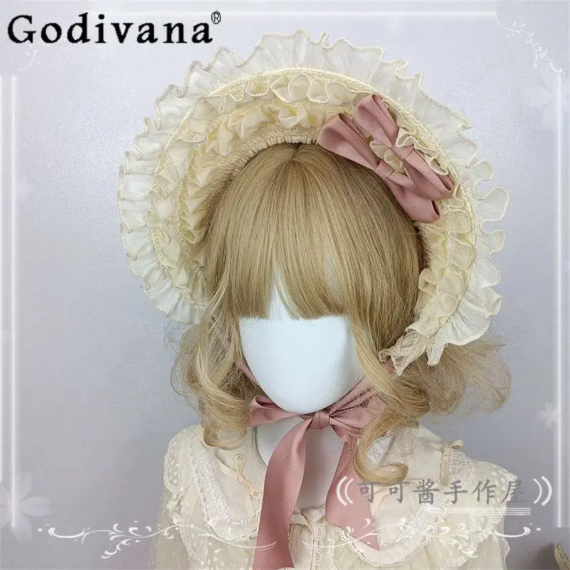 

Elegant Round Top BNT Hat Accessories for Women Japanese Style Lolita Lace Bow Travel Hat Female High Street Sweet Hats
