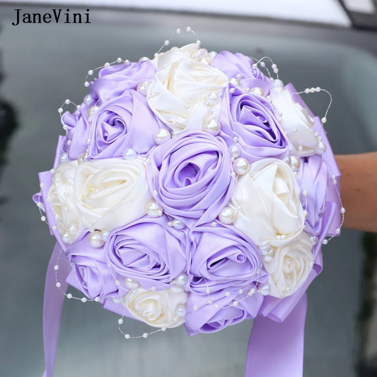 janevini-新しいホットセールブライズメイドブライダルブーケパール付きライトパープルアイボリーリボンフラワー人工ウェディングブローチブーケ