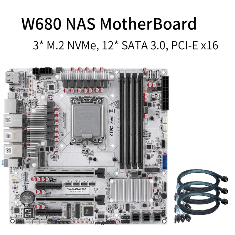 Placa base W680 LGA1700 NAS, 12.ª-14.ª generación Intel Core DDR5, máximo 128 GB PCIe 5.0, 12×SATA 3.0, 3×M.2 NVMe, servidor NAS todo en uno, estación de trabajo para entusiastas del bricolaje