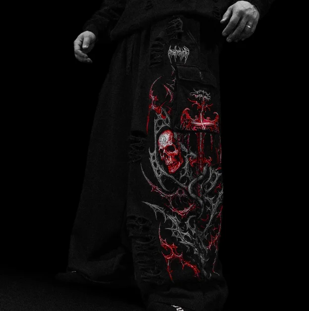 Y2K Gothic Geperforeerde Modieuze Wijde Pijpen Lange Broek Heren Dark Skull Distressed Casual Oversized Sportbroek Dames
