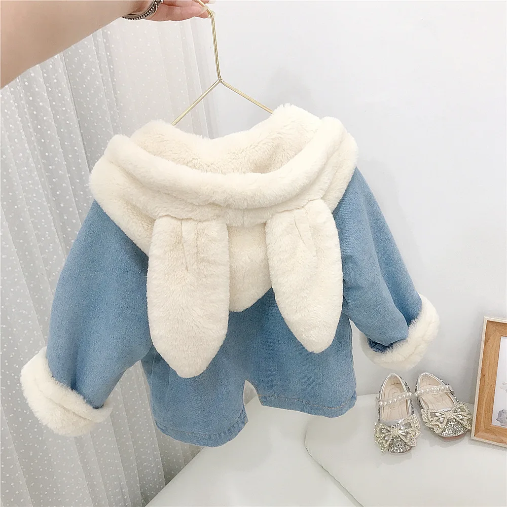 Children's Clothing Winter New Girls' Rabbit Ears Fleece Thickened Denim Jacket Baby Imitation Rabbit Fur Warm Trench Coat