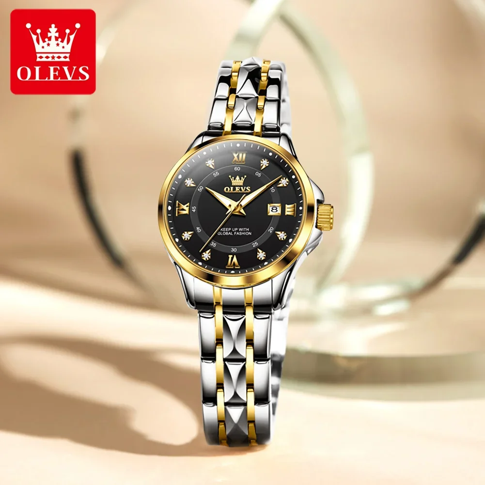 OLEVS Top Women‘s Watches Luxury Fashion Gold Small Wristwatch for Ladies Original Waterproof Rhombus Stainless Steel Strap Date