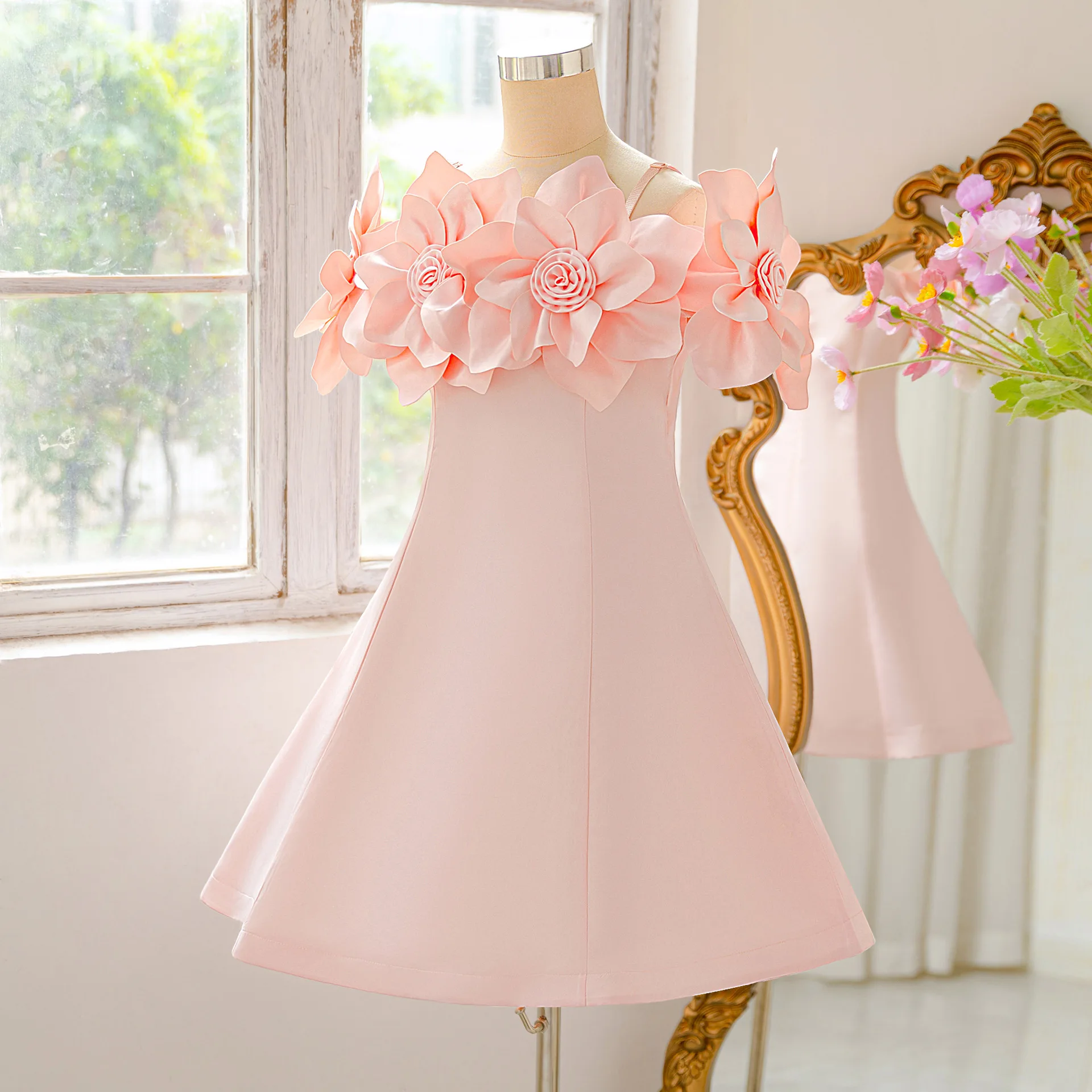 2026 Summer New Three-dimensional Flower One Shoulder Dress for Girls High Quality Wedding Flower Girl Princess Dress
