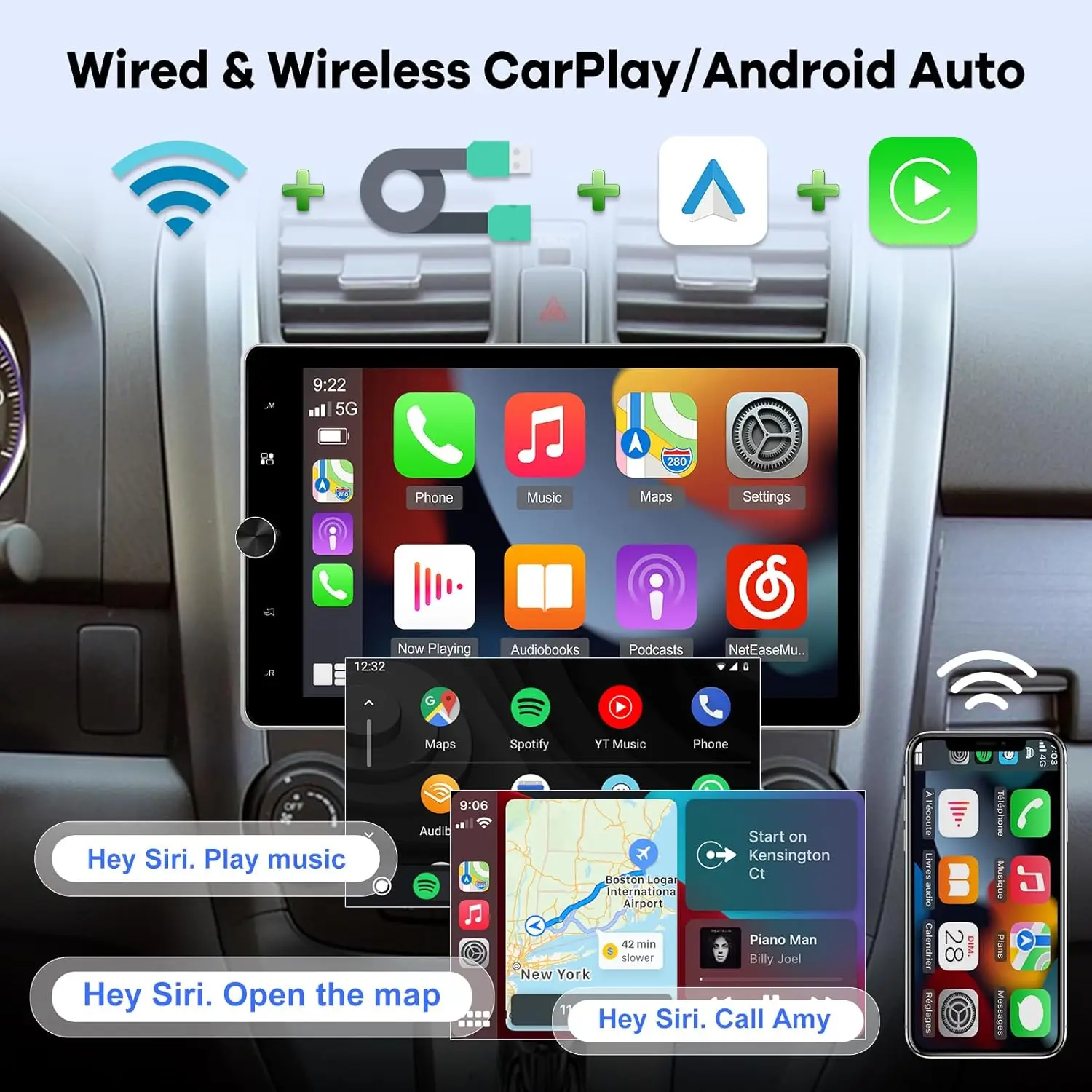 2G + 64G Автомобильная стереосистема Android 13, 10,4-дюймовый радиоприемник с сенсорным экраном и беспроводным CarPlay, Android Auto, Bluetooth 4,2, GPS, FM RDS