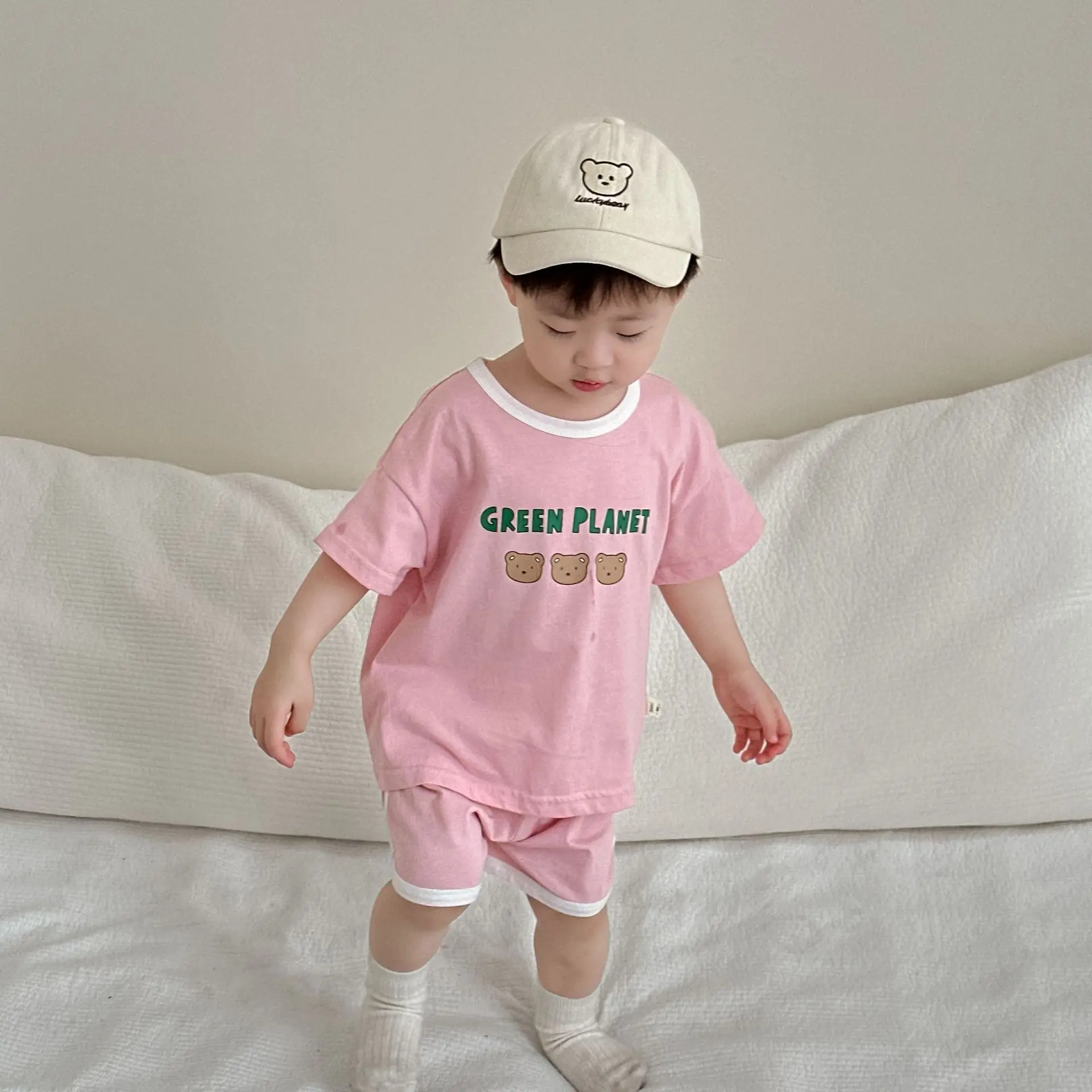 

2024 Summer New Baby Short Sleeve Clothes Set Toddler Boy Girl Bear Letter Print T Shirts + Shorts 2pcs Suit Kids Thin Outfits