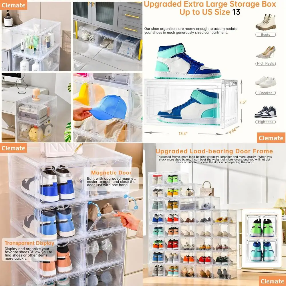 

Clear Plastic Shoe Organizer, 12-Pack, Stackable Shoe Boxes with Drop-Front Clear Door, Ideal for Sneaker Storage and Display, F