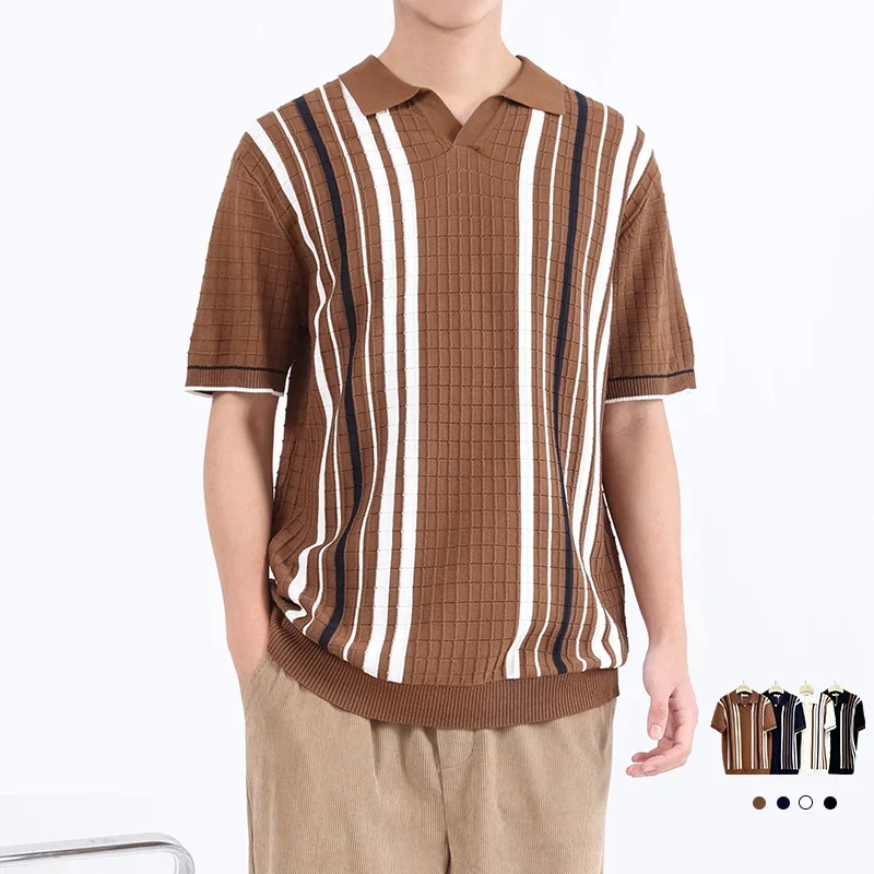 

TFETTERS Brand Summer Clothes Vintage Style Knit Men Polo Shirts Short Striped Breathable Sweaters Polo Tops Tshirt Streetwear