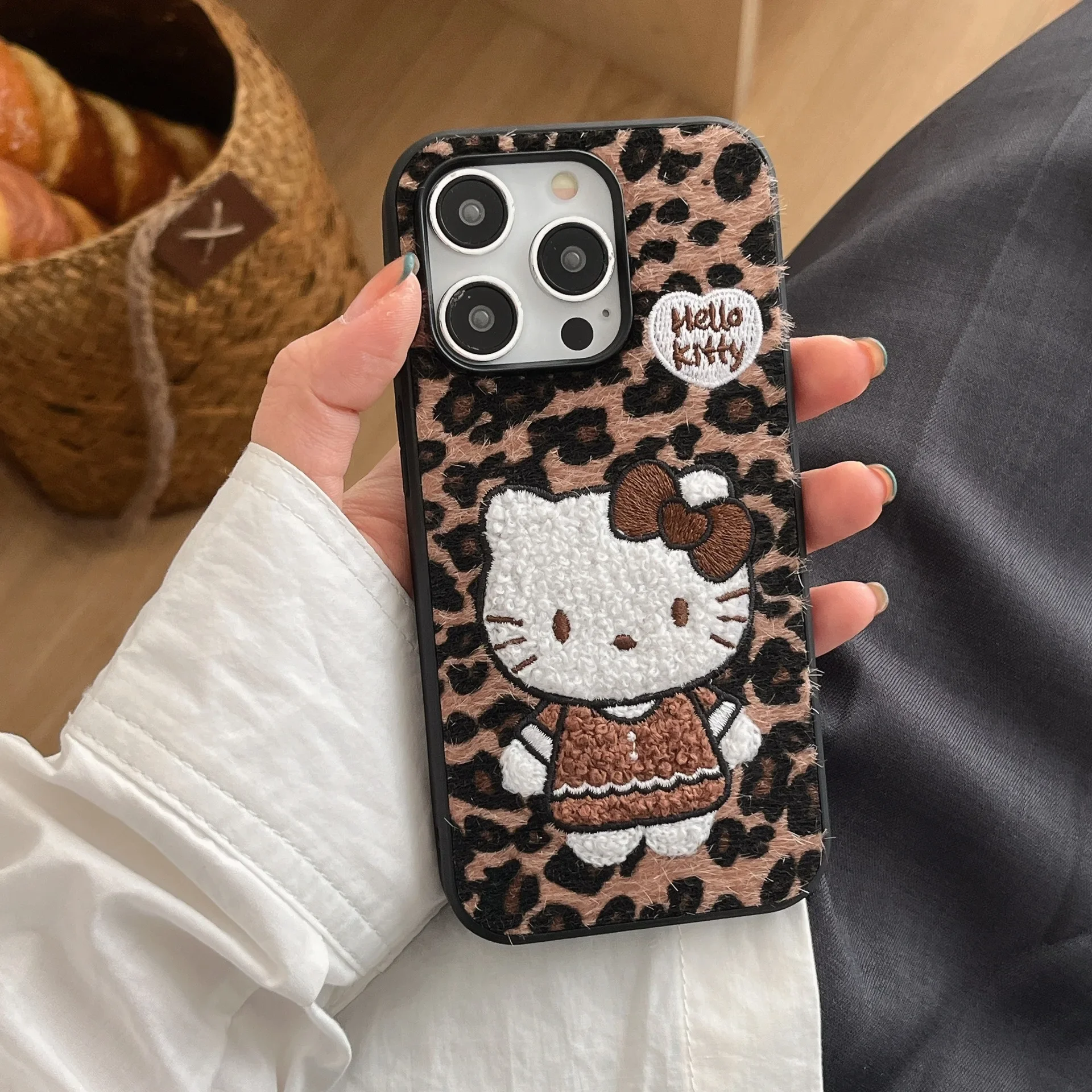 Sanrio Hello Kitty Embroidered IPhone Case Cartoon Sweet Cool Leopard Print Protective Cover for IPhone16 15 14 13 12 Promax