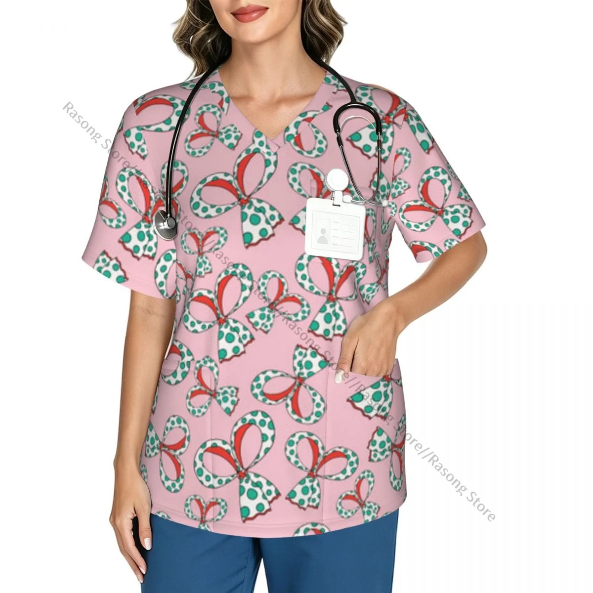 Cartoon Doodle Bow With Polka Dot Scrubs tops medical uniforms women V Neck Stretch Scrub Shirt Dentist doctor Blouse